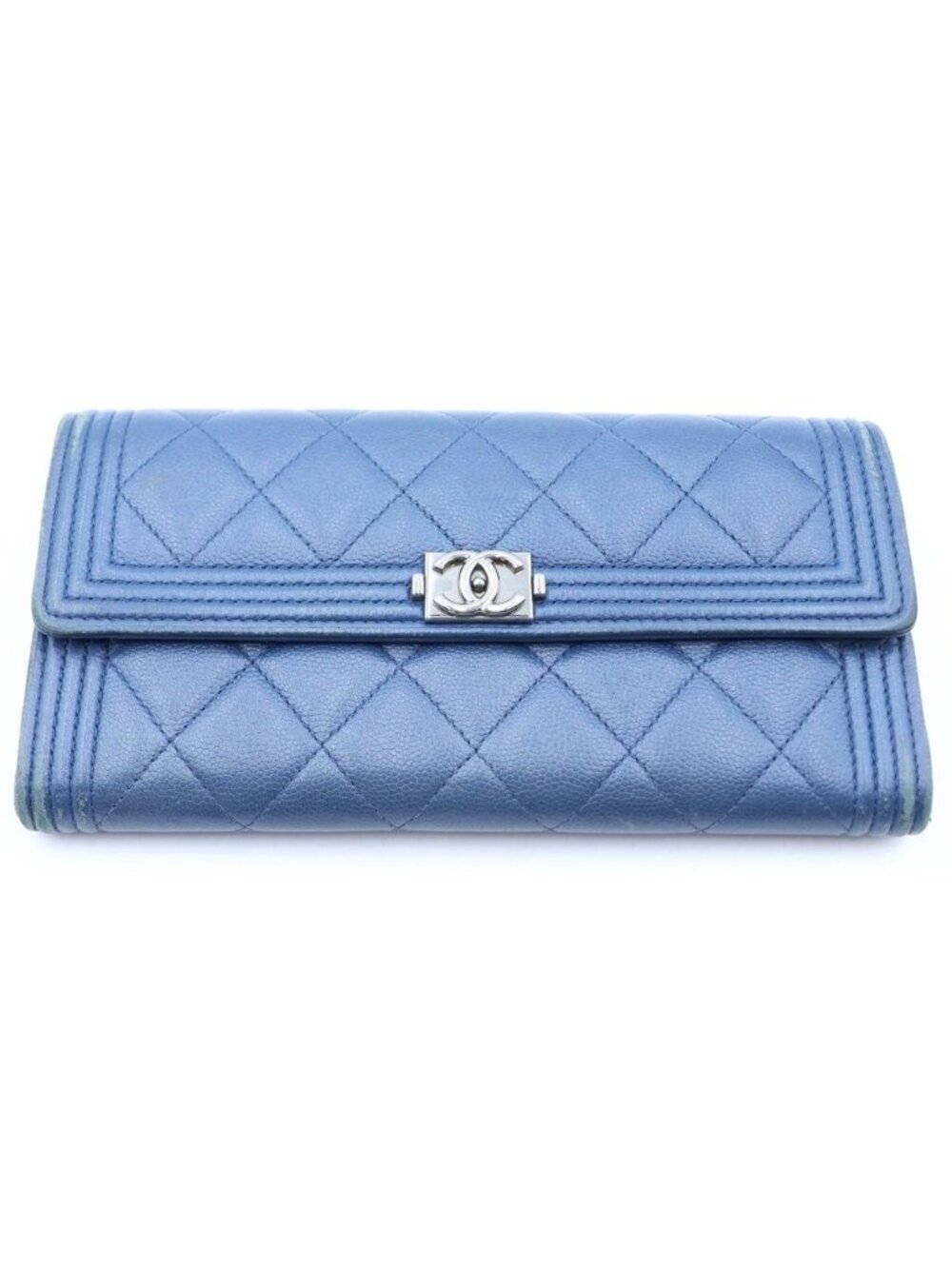 Chanel Boy Bifold Wallet Card Case Blue Navy Caviar Leather Gunmetal